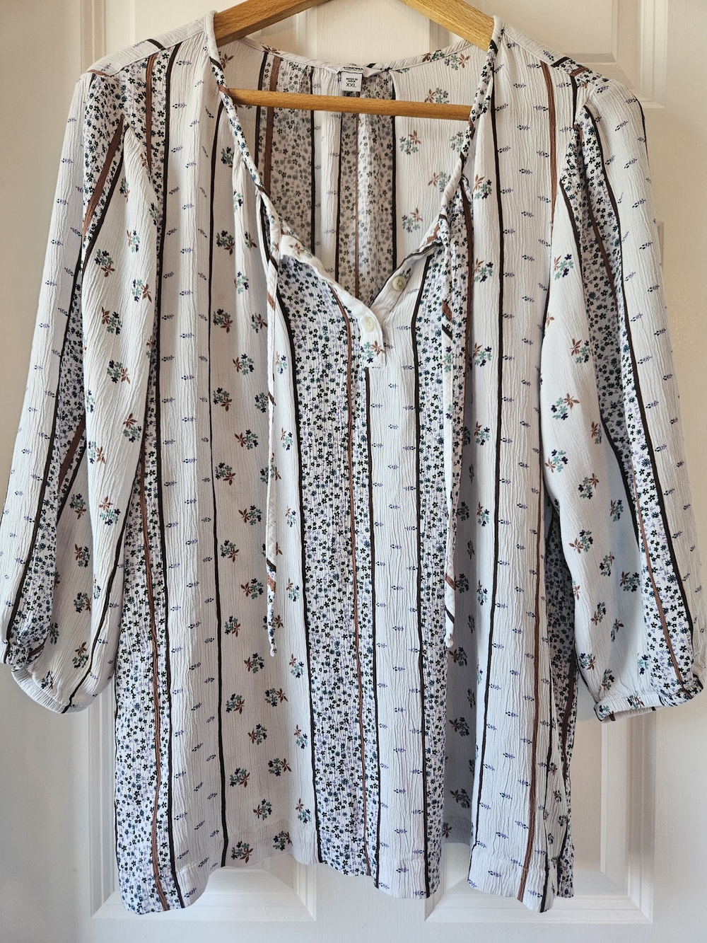 Sonoma Boho-Striped Floral Peasant Blouse - White Size XXL